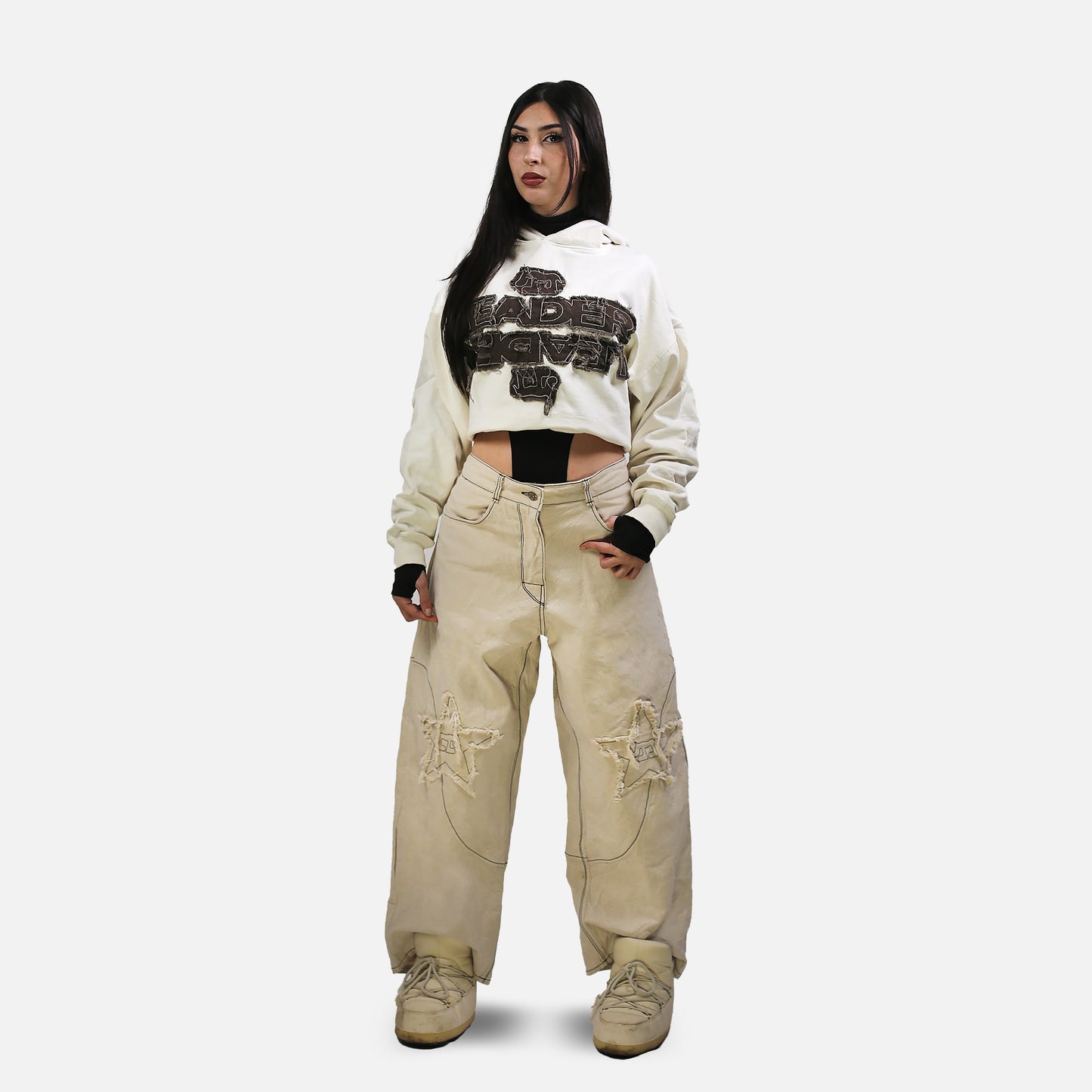 Cropped Dyed Hoodie with Distressed Embroidery