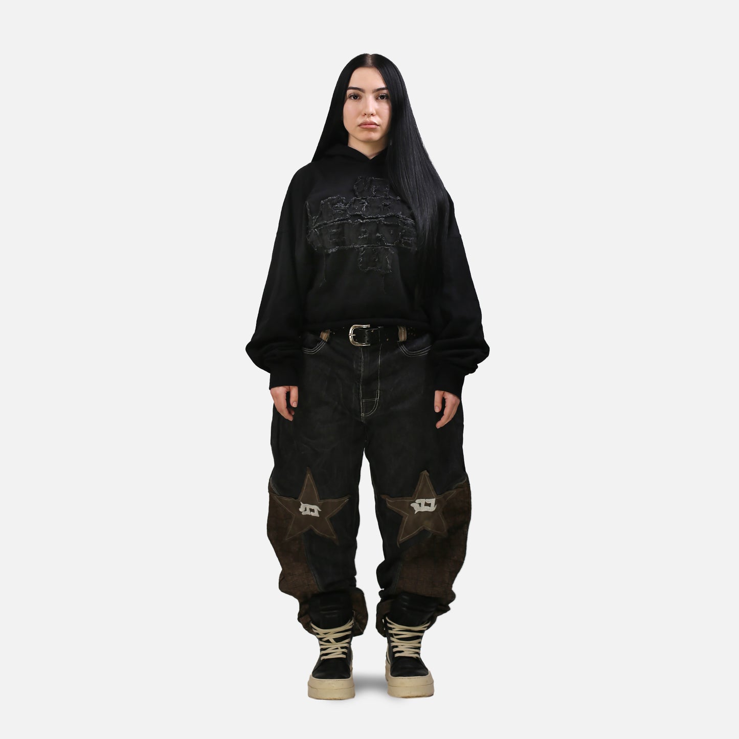 Cropped Hoodie with Distressed Embroidery