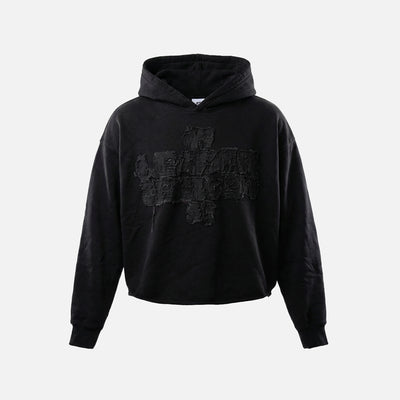 Cropped Hoodie with Distressed Embroidery