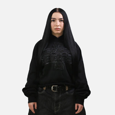 Cropped Hoodie with Distressed Embroidery